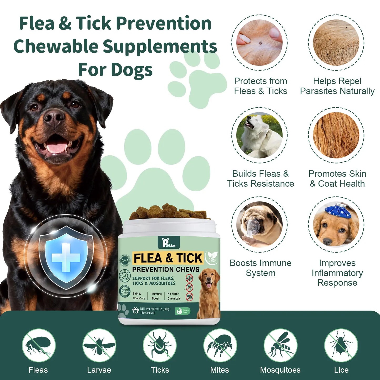 Petrivium 150 Count Dog Flea & Tick Support Soft Chews - Natural Oral Supplement for All Breeds & Sizes - Chicken Flavor