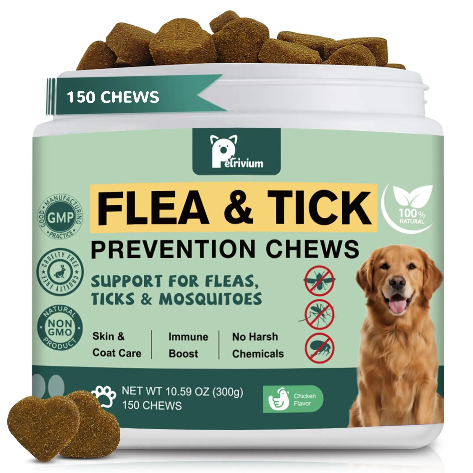 Petrivium 150 Count Dog Flea & Tick Support Soft Chews - Natural Oral Supplement for All Breeds & Sizes - Chicken Flavor