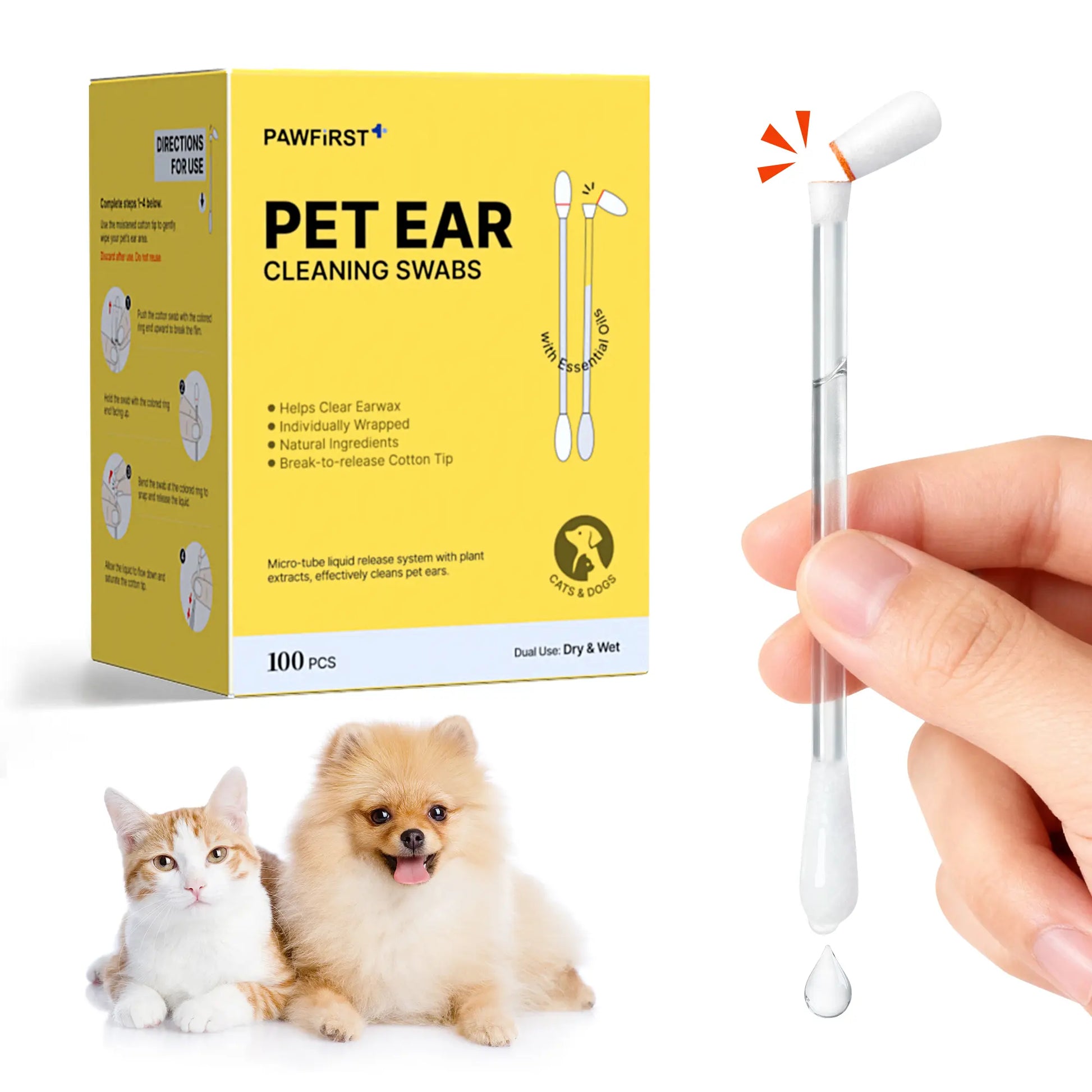 Pawfirst Pet Ear Cleaning Cotton Swabs - Dual-Use Earwax and Odor Remover for Cats and Dogs, Individually Wrapped, 100 Pack with Aloe, Witch Hazel, and Chamomile Formula