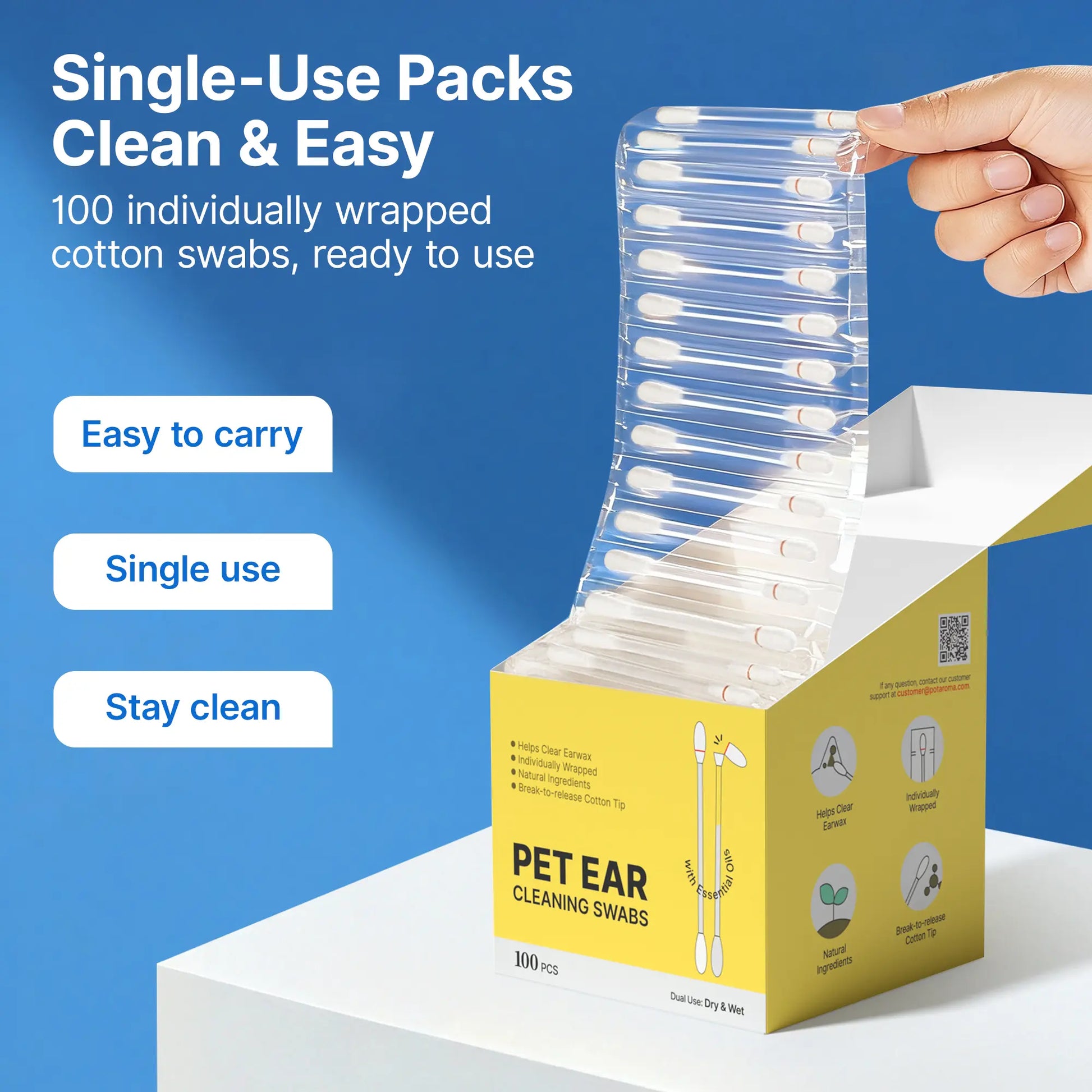 Pawfirst Pet Ear Cleaning Cotton Swabs - Dual-Use Earwax and Odor Remover for Cats and Dogs, Individually Wrapped, 100 Pack with Aloe, Witch Hazel, and Chamomile Formula