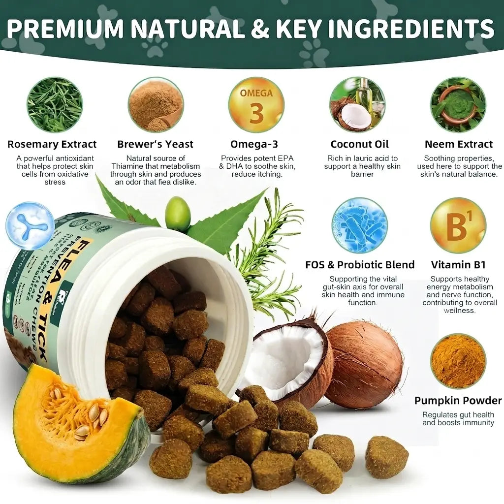Petrivium 150 Count Dog Flea & Tick Support Soft Chews - Natural Oral Supplement for All Breeds & Sizes - Chicken Flavor